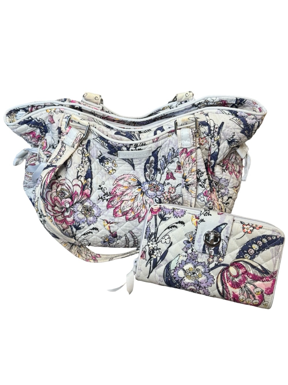 (SET OF 2)Vera Bradley Quilted Tote and Wallet - White with Pink & Purple Floral